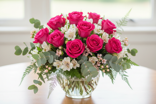 12 hot pink roses, with white alostromeria, pink wax flower and greenery in a vase