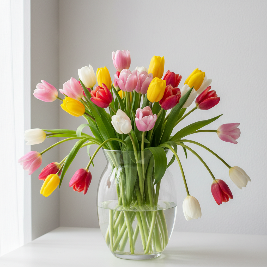 20 tulips in medium clear glass vase