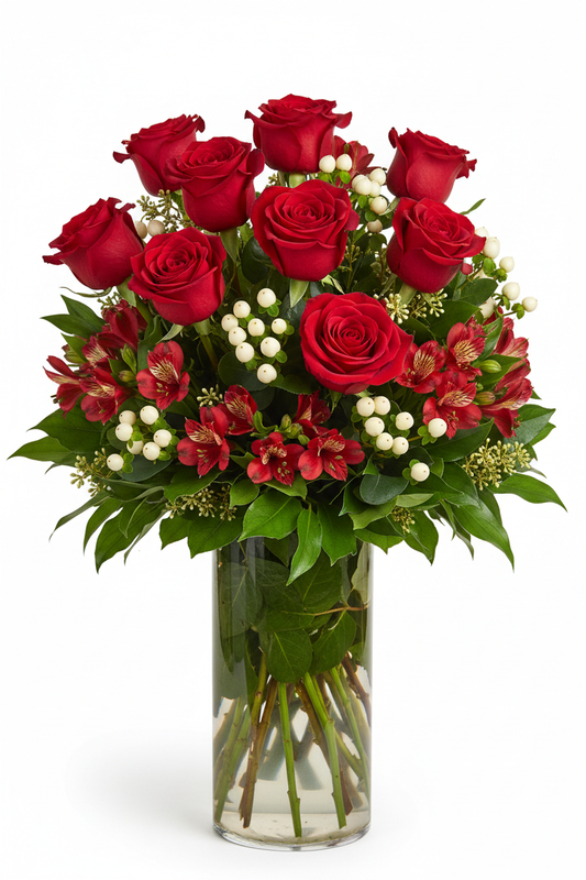 dozen red roses filled with red alostromeria, white hypericum and greenery in a tall glass vase