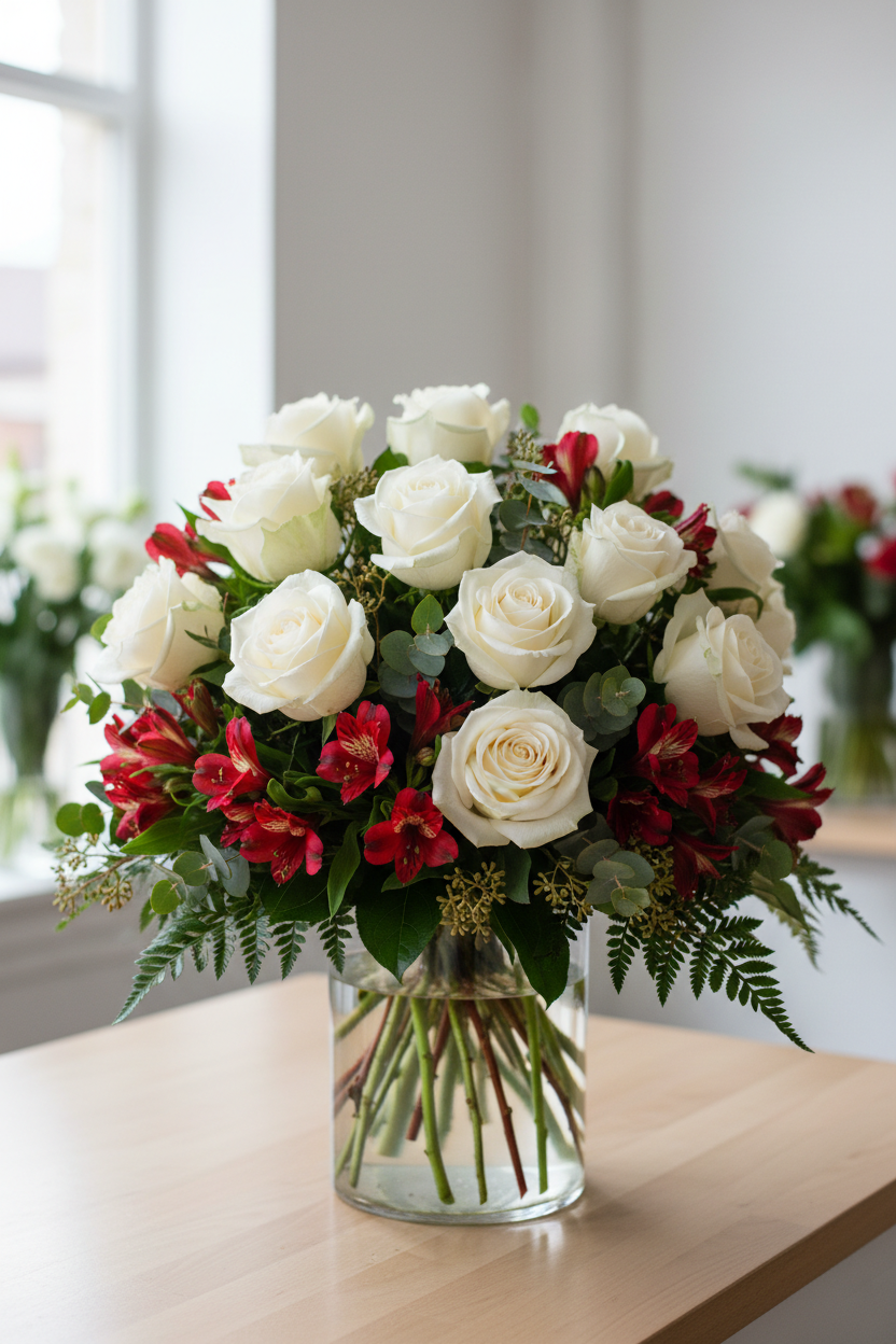 Dozen White Roses, greenery and red alostromeria filler flower in a vase